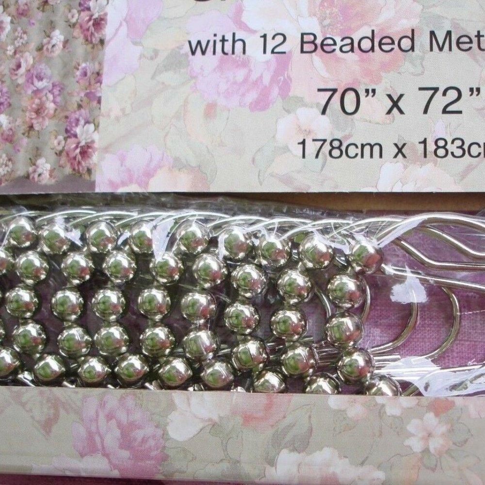 NEW Floral Shower Curtain Set with Roller Ball Beaded Rings Beige Floral Cottage